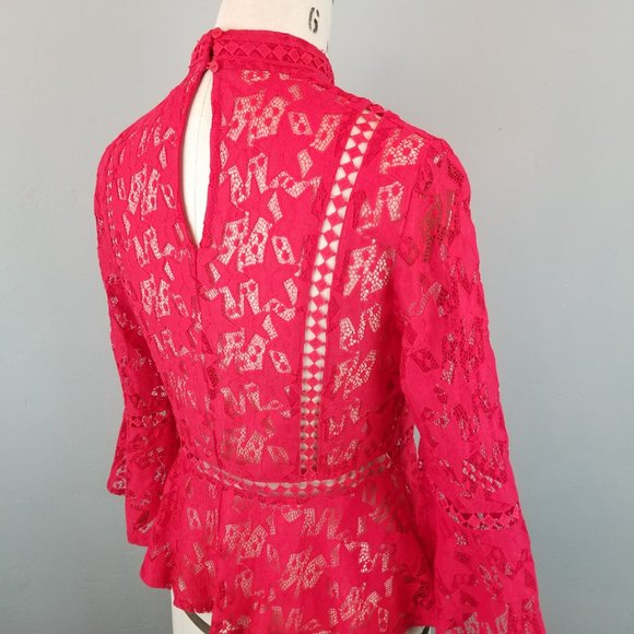 Minkpink Red Sheer Lace Blouse with Stars Flared Sleeves Women's Size Small - Picture 6 of 8